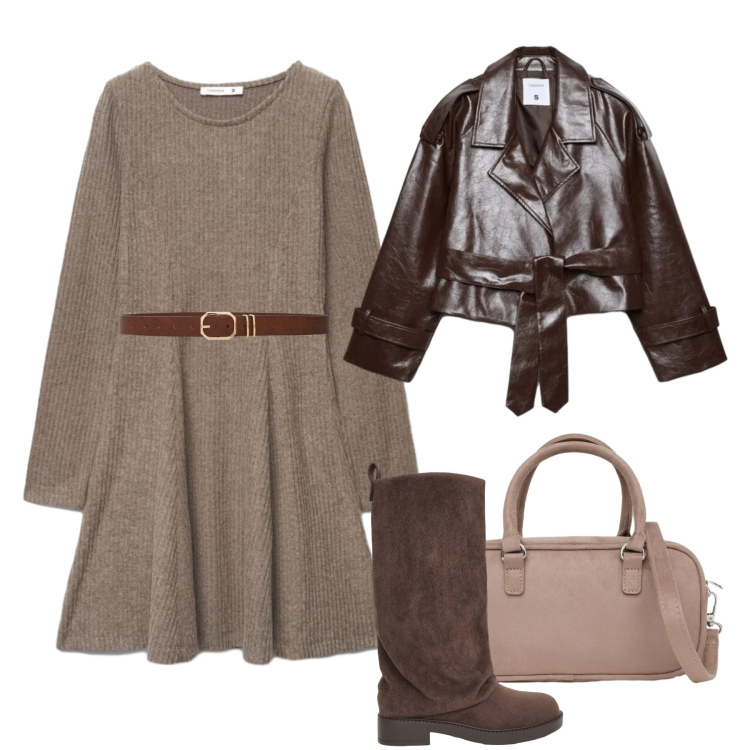 Outfit donna - Sfumature di marrone. Stile Trendy per Tutti i giorni. Abbinamento con vestiti corti, stivali, cinture, trench, borse a tracolla.
