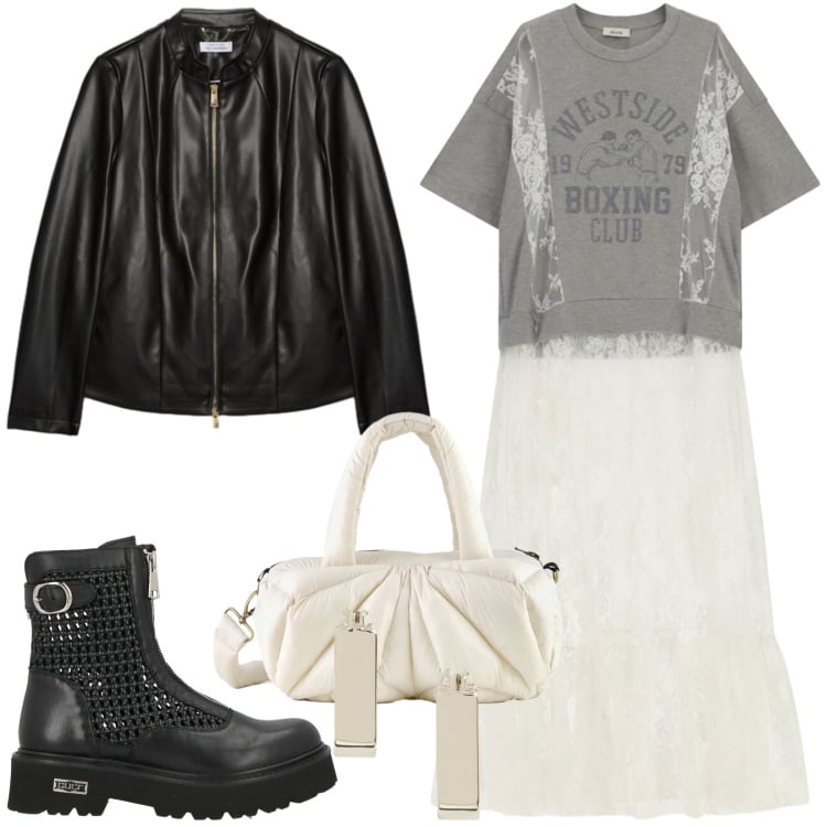 Outfit donna - La dolcezza del pizzo con tocco ribelle. Stile Rock per Tutti i giorni. Abbinamento con stivaletti, vestiti lunghi, giacche, borse a mano, orecchini.