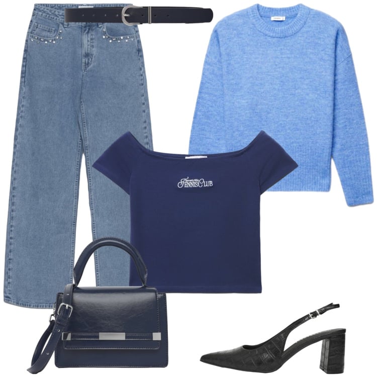 Outfit donna - Total look #2464257. Stile Casual chic per Tutti i giorni. Abbinamento con maglieria, jeans, t-shirt, borse a tracolla, décolleté, cinture.