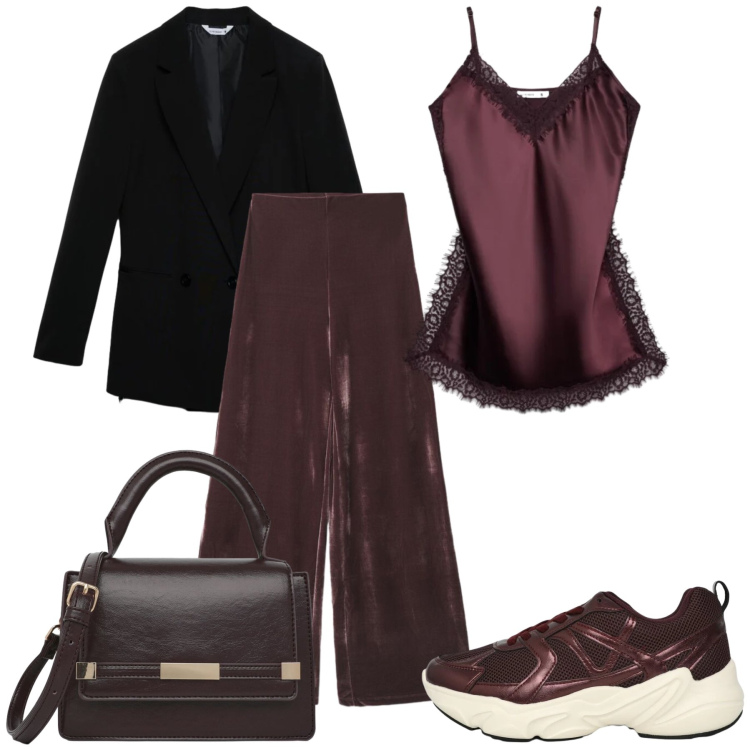 Outfit donna - Total look #2464258. Stile Casual chic per Serata fuori. Abbinamento con pantaloni a palazzo, top, blazer, sneakers, borse a tracolla.