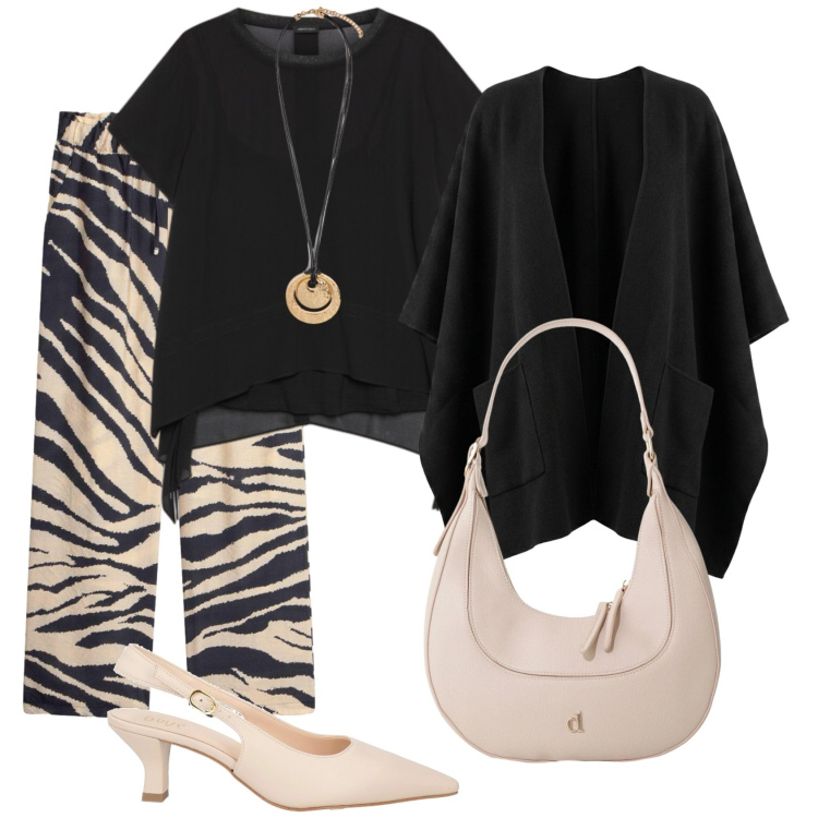 Outfit donna - Total look #2464260. Stile Casual chic per Ufficio. Abbinamento con décolleté, pantaloni a palazzo, borse a tracolla, bluse, ciondoli, cappe.