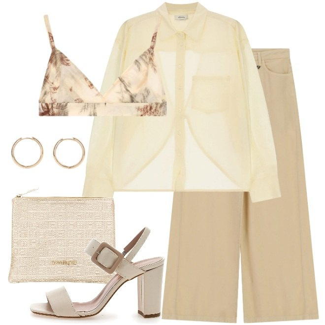 Outfit donna - Camicia trasparente. Stile Trendy per Serata fuori. Abbinamento con orecchini, top, camicie, pantaloni a palazzo, pochette, sandali col tacco.