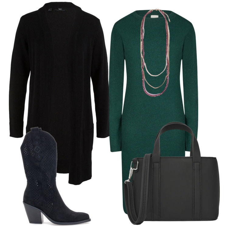 Outfit donna - Total look #2464264. Stile Casual chic per Tutti i giorni. Abbinamento con cardigans, vestiti midi/longuette, borse a tracolla, collane, stivaletti texani.
