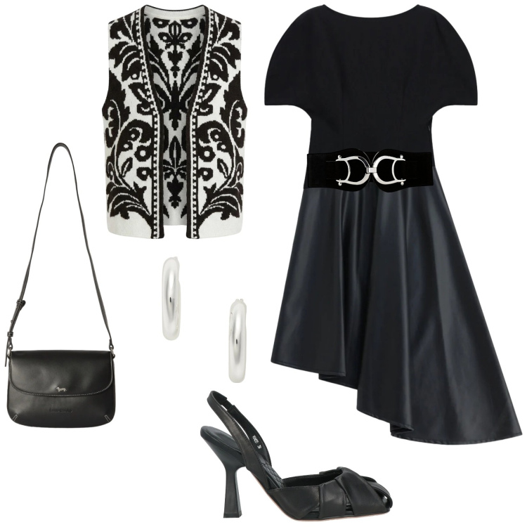 Outfit donna - Mix and match strategico di stili. Stile Trendy per Serata fuori. Abbinamento con décolleté, cinture, borse a tracolla, vestiti midi/longuette, gilet, orecchini.
