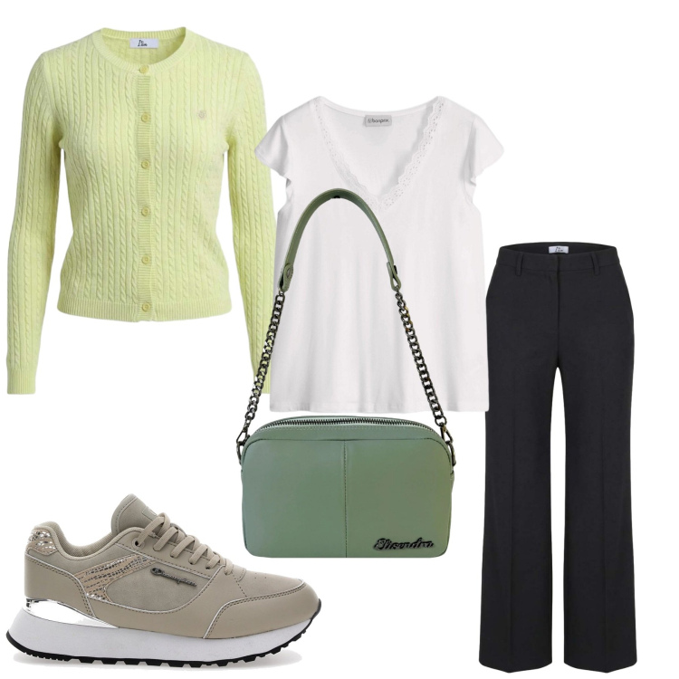 Outfit donna - Total look #2464266. Stile Basic per Tutti i giorni. Abbinamento con t-shirt, pantaloni a palazzo, cardigans, borse a tracolla, sneakers.