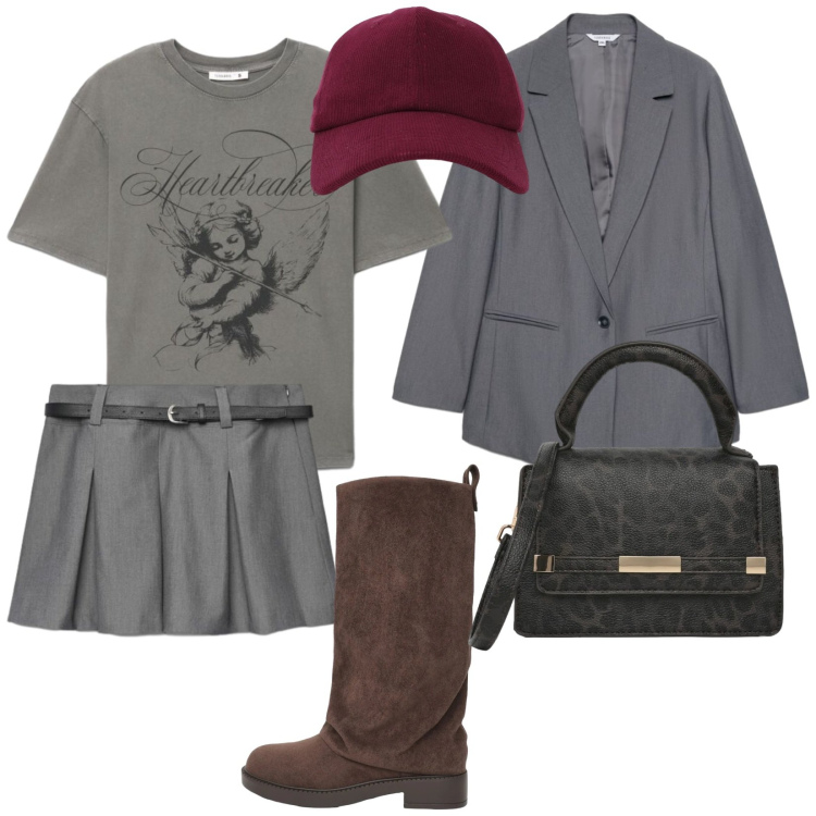 Outfit donna - Urban style. per Scuola/Università. Abbinamento con borse a tracolla, minigonne, stivali, blazer, t-shirt, cappelli con visiera.