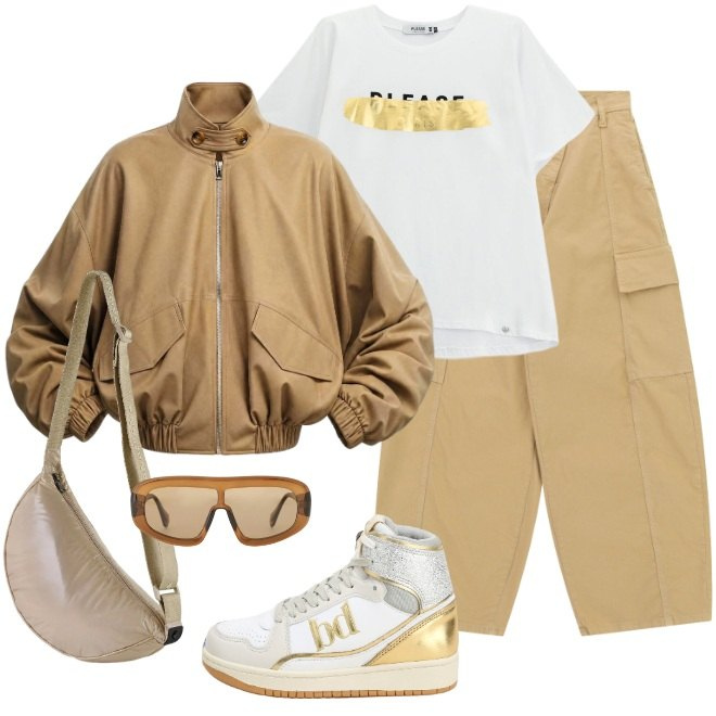 Outfit donna - Bomber. Stile Urban per Tutti i giorni. Abbinamento con occhiali da sole, sneakers alte, bomber, pantaloni cargo, t-shirt, borse a tracolla.