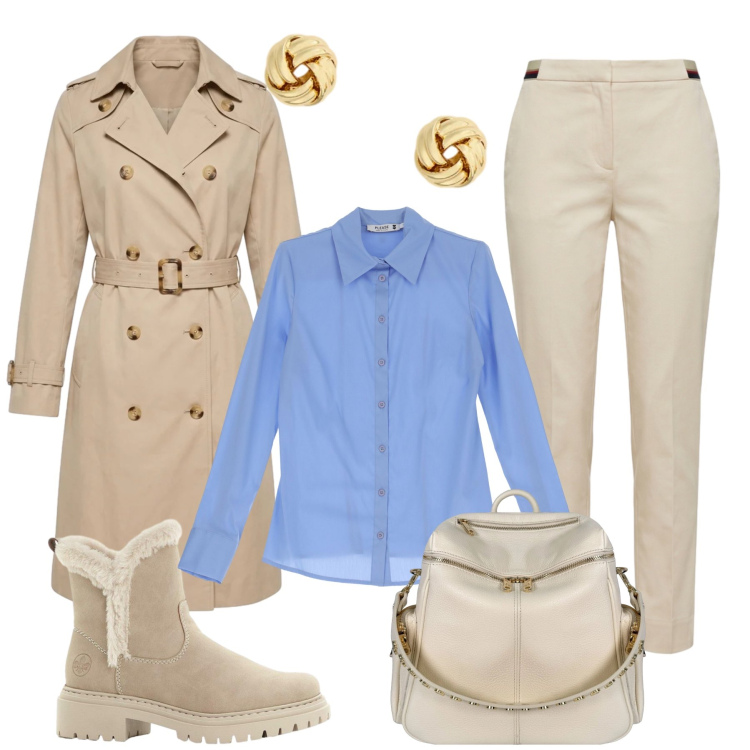 Outfit donna - Total look #2464270. Stile Glamour per Tutti i giorni. Abbinamento con stivaletti, pantaloni chino, camicie, zaini, trench, orecchini.