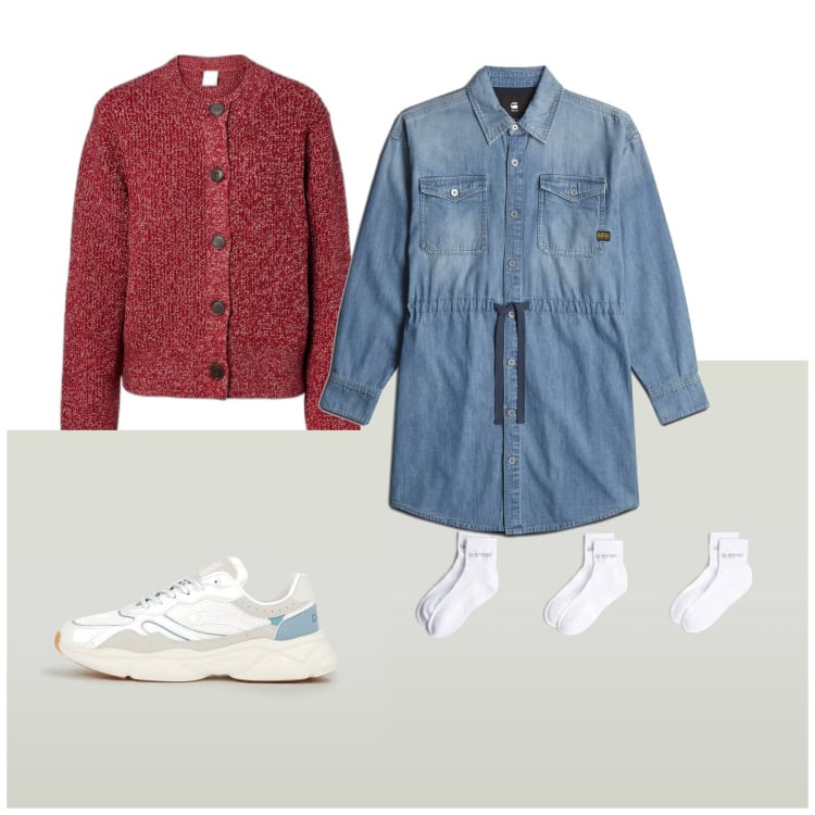 Outfit femme - La robe en jean. Style Casual pour Tous les jours. Assortir avec gilets, sneakers, robes, socquettes.