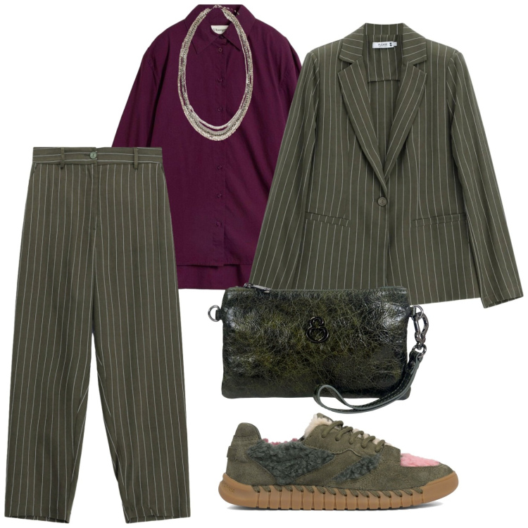 Outfit donna - Settembre. per Ufficio. Abbinamento con camicie, blazer, pantaloni, collane, pochette, sneakers.