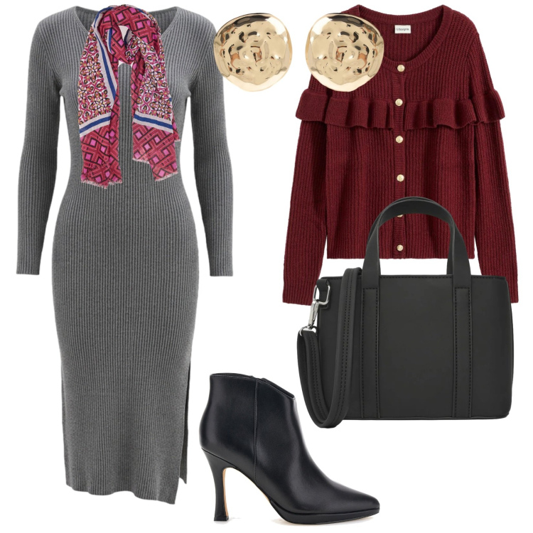 Outfit donna - In ufficio a settembre. per Ufficio. Abbinamento con cardigans, orecchini, borse a tracolla, vestiti midi/longuette, foulard, stivaletti.