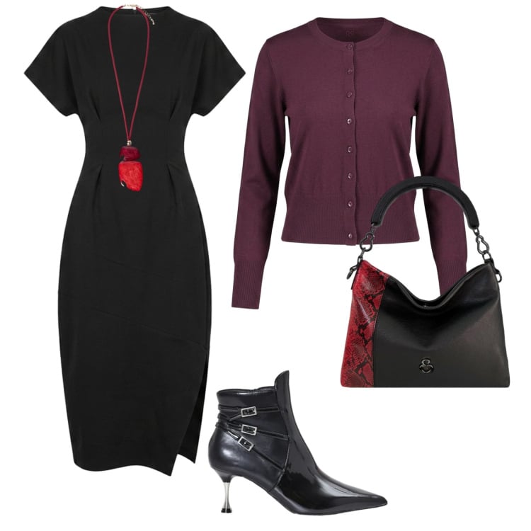 Outfit donna - Serata insieme. per Serata fuori. Abbinamento con stivaletti, cardigans, ciondoli, borse a mano, vestiti midi/longuette.