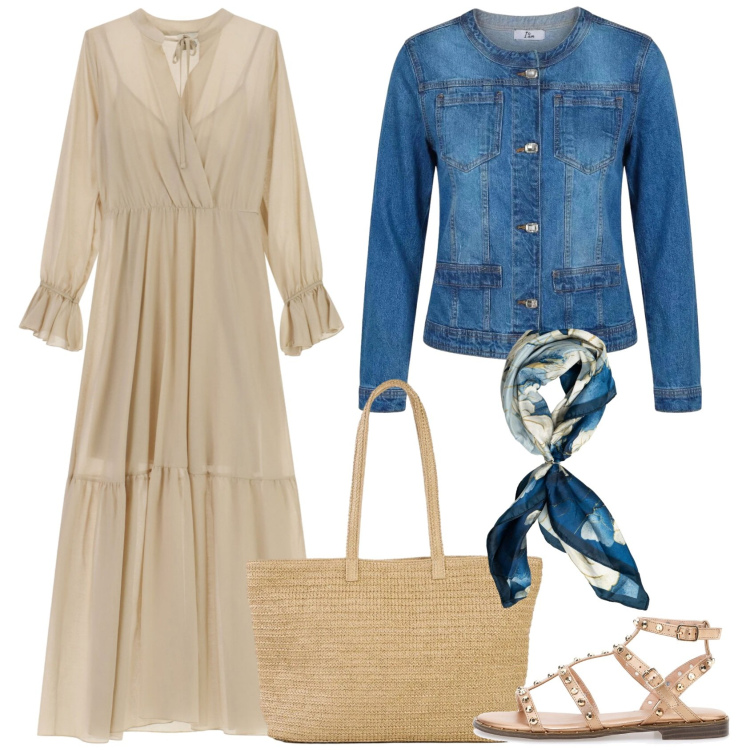 Outfit donna - Bluemoon. Stile Boho per Serata fuori. Abbinamento con shopping bag, vestiti lunghi, blazer, foulard, sandali.