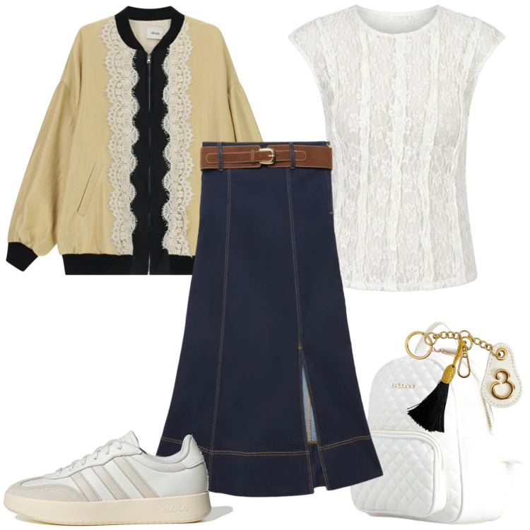Outfit donna - Ricerca stilistica. Stile Urban per Ufficio. Abbinamento con zaini, bomber, gonne lunghe, t-shirt, portachiavi, sneakers.