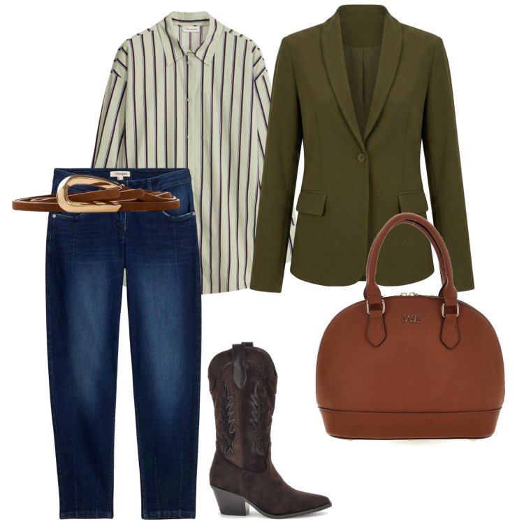 Outfit donna - Autunno. per Tutti i giorni. Abbinamento con jeans, camicie, cinture, blazer, borse a mano, stivaletti texani.