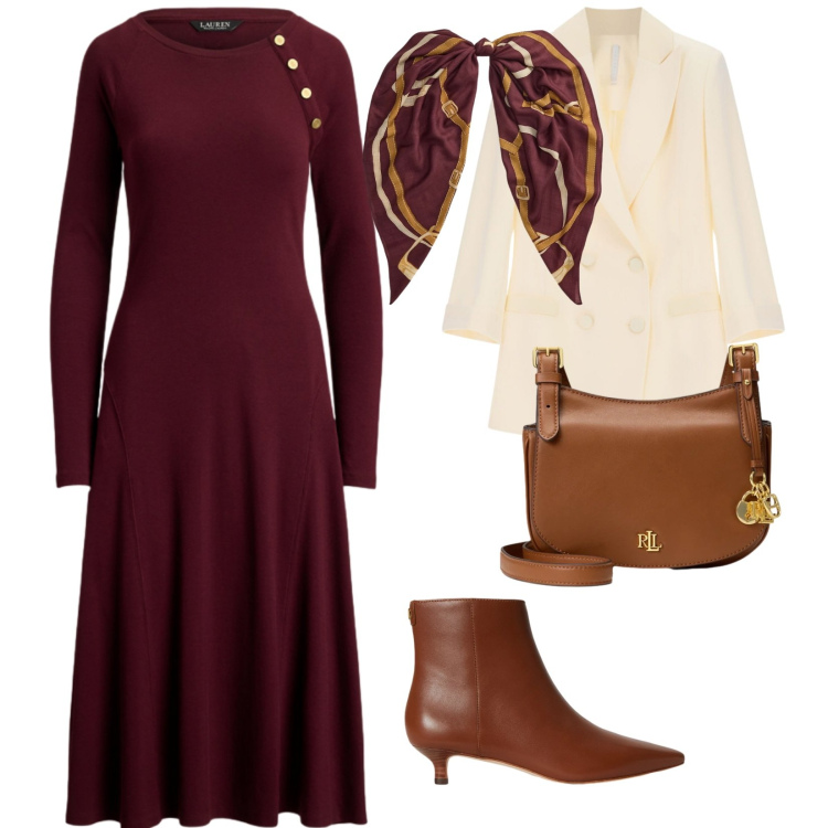 Outfit donna - Collezione nuova. per Ufficio. Abbinamento con blazer, borse a tracolla, stivaletti, foulard, vestiti midi/longuette.