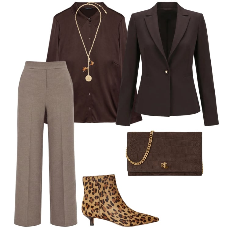 Outfit donna - Nuovo inizio. per Ufficio. Abbinamento con blazer, pantaloni, camicie, borse a tracolla, stivaletti, collane.