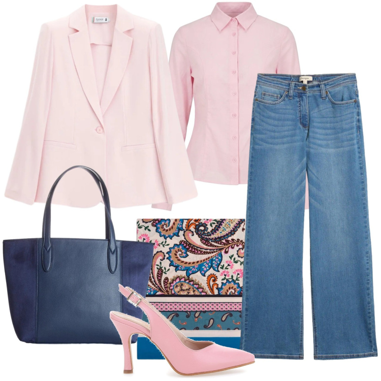 Outfit donna - Back to office. Stile Casual per Ufficio. Abbinamento con jeans, shopping bag, blazer, foulard, camicie, décolleté.
