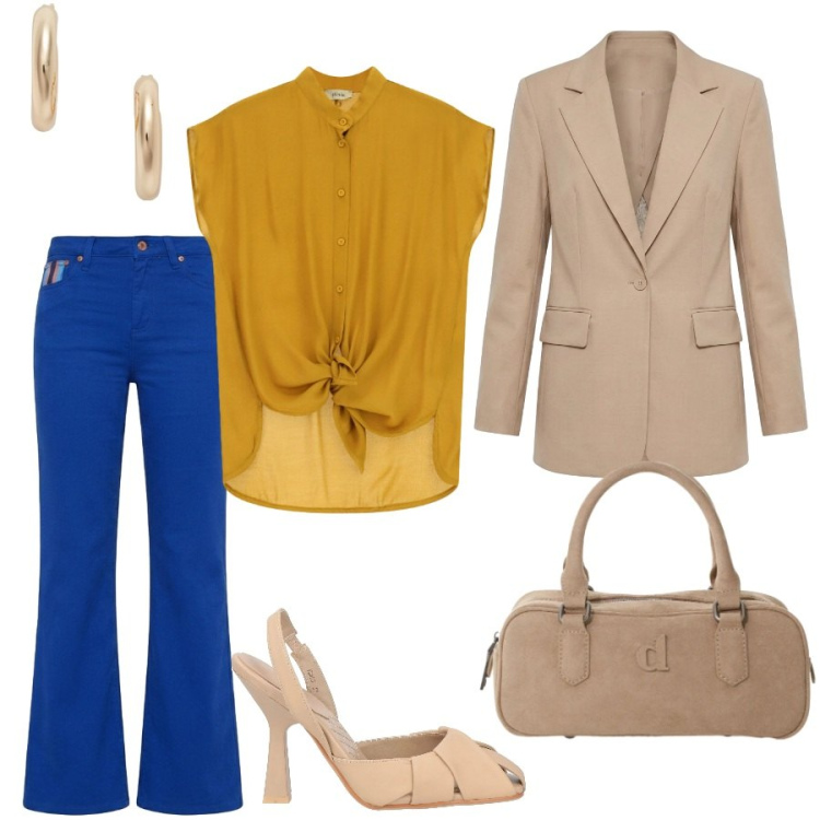 Outfit donna - Total look #2464291. Stile Glamour per Tutti i giorni. Abbinamento con décolleté, pantaloni, blazer, borse a mano, camicie a manica corta, orecchini.