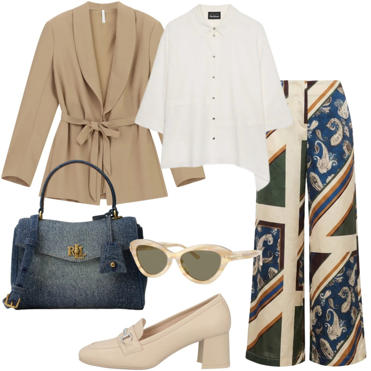 Outfit donna - Total look #2464292. Stile Casual chic per Tutti i giorni. Abbinamento con mocassini, blazer, pantaloni a palazzo, camicie, occhiali da sole, borse a mano.