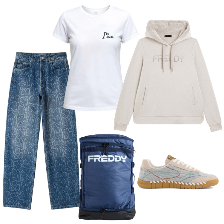 Outfit donna - Ritorno a scuola sportivo. Stile Urban per Scuola/Università. Abbinamento con t-shirt, jeans dritti, zaini, felpe con cappuccio, sneakers.