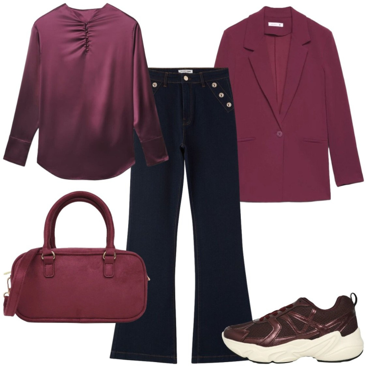 Outfit donna - Terranova style. Stile Chic per Ufficio. Abbinamento con bluse, blazer, jeans, sneakers, borse a tracolla.