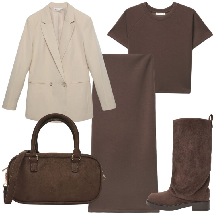Outfit donna - Essenziali, versatili, d\'impatto. Stile Chic per Ufficio. Abbinamento con gonne lunghe, blazer, borse a tracolla, t-shirt, stivali.