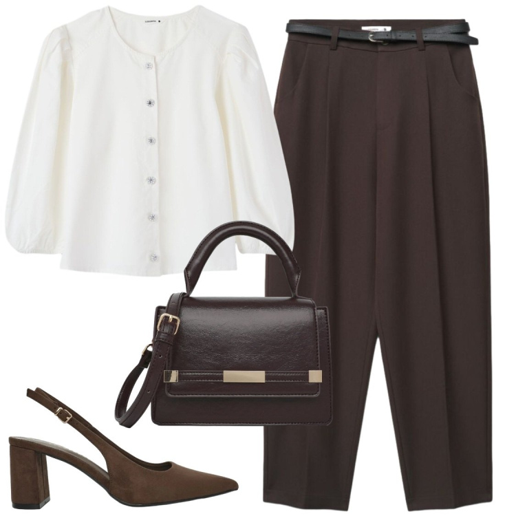 Outfit donna - Total look #2464307. Stile Chic per Ufficio. Abbinamento con bluse, borse a tracolla, décolleté, pantaloni chino.