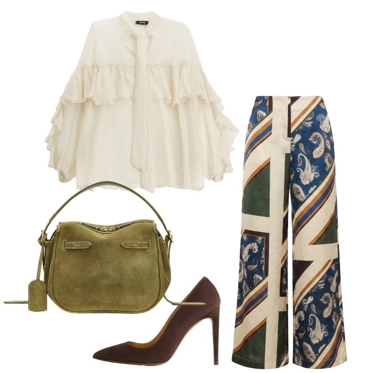 Outfit donna - Il pantalone fantasia. Stile Glamour per Serata fuori. Abbinamento con pantaloni a palazzo, bluse, borse a mano, décolleté.