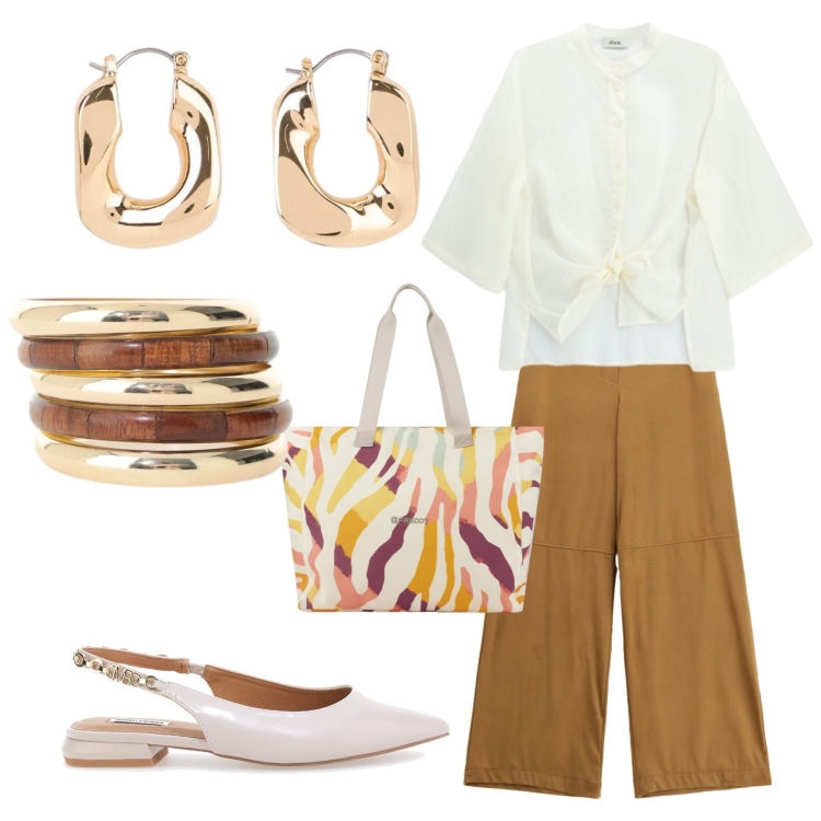 Outfit donna - Total look #2464310. Stile Casual per Ufficio. Abbinamento con shopping bag, braccialetti, pantaloni a palazzo, camicie, ballerine, orecchini.