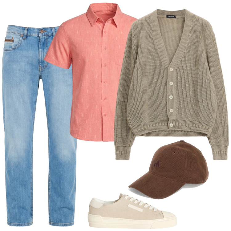 Outfit uomo - Smart. Stile Casual per Tutti i giorni. Abbinamento con jeans, sneakers, cardigans, cappelli con visiera, camicie a manica corta.