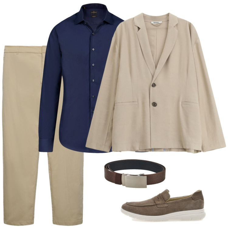 Outfit uomo - Blazer e chino. Stile Trendy per Ufficio. Abbinamento con giacche, pantaloni chino, camicie, scarpe stringate, cinture.
