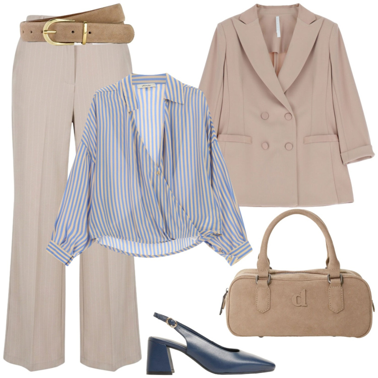 Outfit donna - Tendenze settembre in ufficio. Stile Casual chic per Ufficio. Abbinamento con décolleté, cinture, blazer, borse a mano, camicie, pantaloni.