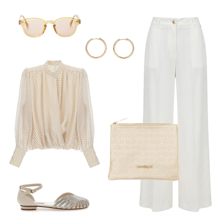 Outfit donna - In ufficio con charme. Stile Chic per Ufficio. Abbinamento con orecchini, camicie, occhiali da sole, pantaloni a palazzo, sandali, pochette.