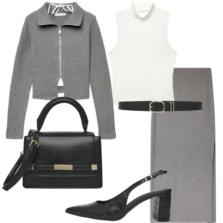 Outfit donna - Reality is calling. Stile Minimal per Ufficio. Abbinamento con gonne lunghe, felpe, top, décolleté, borse a spalla, cinture.