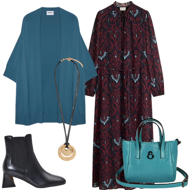 Outfit donna - Total look #2464319. Stile Casual chic per Tutti i giorni. Abbinamento con vestiti, stivaletti, cardigans, ciondoli, borse a mano.