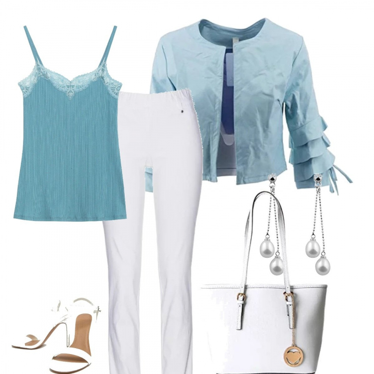 Outfit donna - Bon Ton #2976. Stile Bon Ton per Serata fuori. look ideale per Petite. Abbinamento con pantaloni, giacca in ecopelle, canottiera con pizzo e spalline sottili aderente azzurro, orecchini in argento 925 bianco, borse a spalla, sandali nudo.