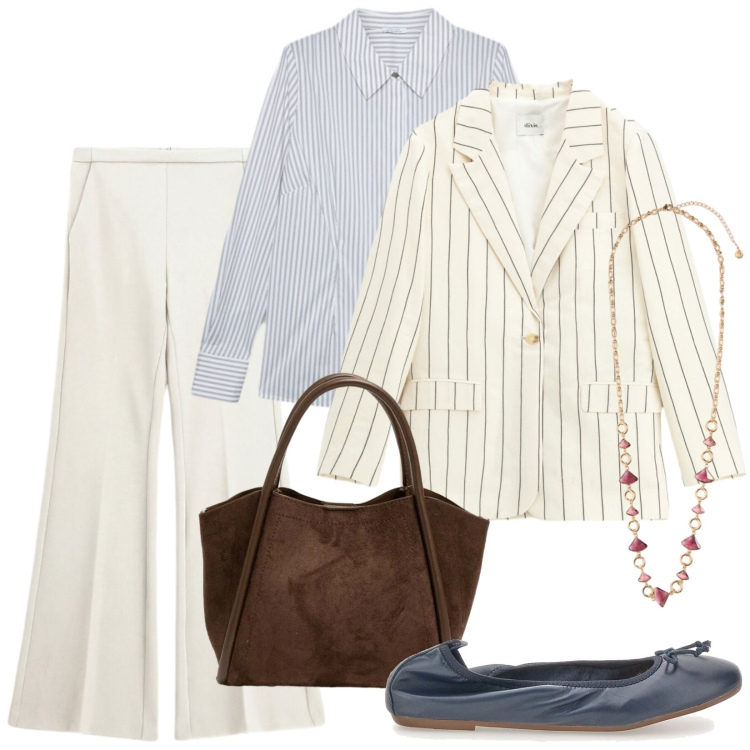 Outfit donna - Total look #2464321. Stile Minimal per Ufficio. Abbinamento con pantaloni, blazer, collane, camicie, borse a spalla, ballerine.