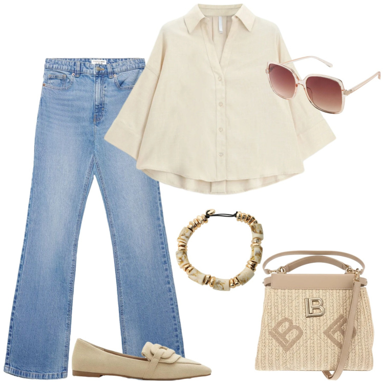 Outfit donna - Denim e colori neutri. Stile Casual chic per Tutti i giorni. Abbinamento con occhiali da sole, mocassini, jeans bootcut, camicie, braccialetti, borse a tracolla.