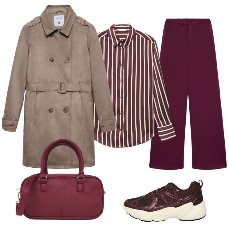 Outfit donna - In città. Stile Casual chic per Tutti i giorni. Abbinamento con pantaloni a palazzo, sneakers, borse a tracolla, trench, camicie.