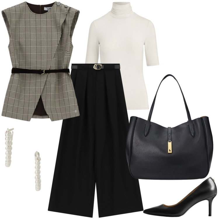 Outfit donna - Total look #2464326. Stile Chic per Ufficio. Abbinamento con pantaloni a palazzo, gilet, maglieria, orecchini, décolleté, borse tote.