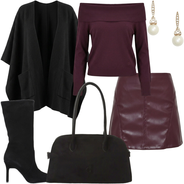 Outfit donna - La giornata invernale. Stile Glamour per Tutti i giorni. Abbinamento con stivali, borse a spalla, minigonne, maglieria, cappe, orecchini.