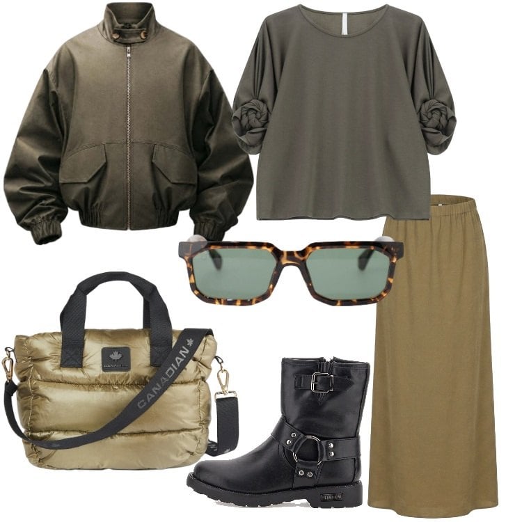 Outfit donna - Fall Collections. Stile Trendy per Tutti i giorni. Abbinamento con top, occhiali da sole, bomber, gonne lunghe, borse tote, stivaletti.