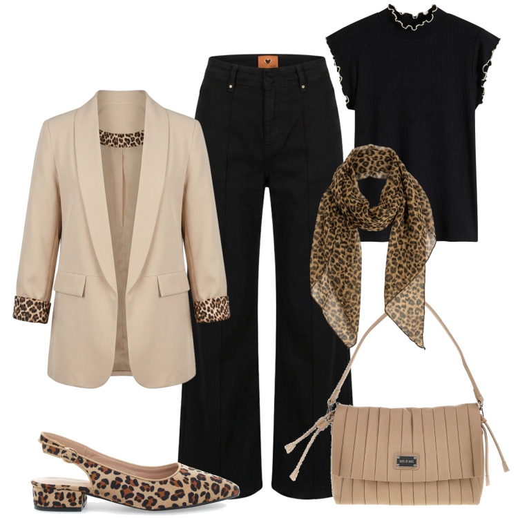 Outfit donna - New autumn city. Stile Trendy per Tutti i giorni. Abbinamento con maglieria, foulard, pantaloni, blazer, ballerine, pochette.