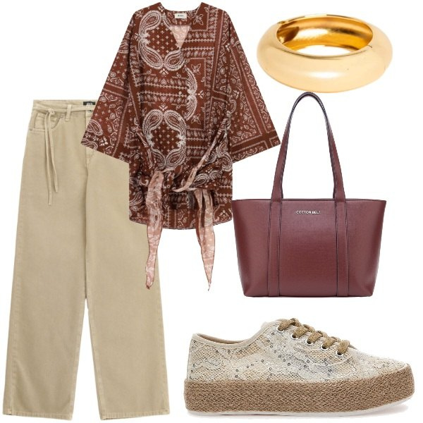 Outfit donna - Pensando a settembre. Stile Casual per Tutti i giorni. Abbinamento con pantaloni a palazzo, vestiti corti, braccialetti, sneakers, shopping bag.