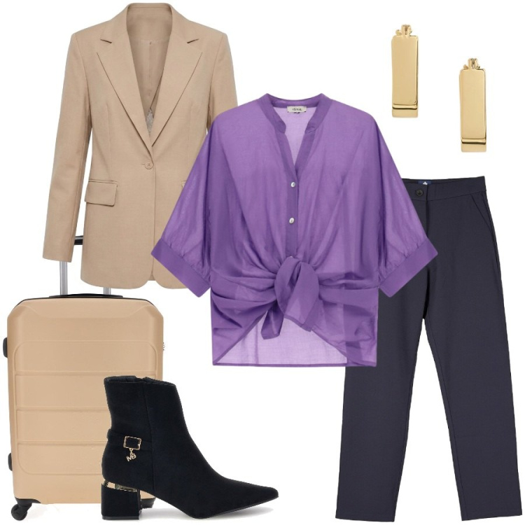 Outfit donna - Total look #2464347. Stile Casual chic per Tutti i giorni. Abbinamento con camicie a manica corta, blazer, pantaloni chino, orecchini, stivaletti, valigie.