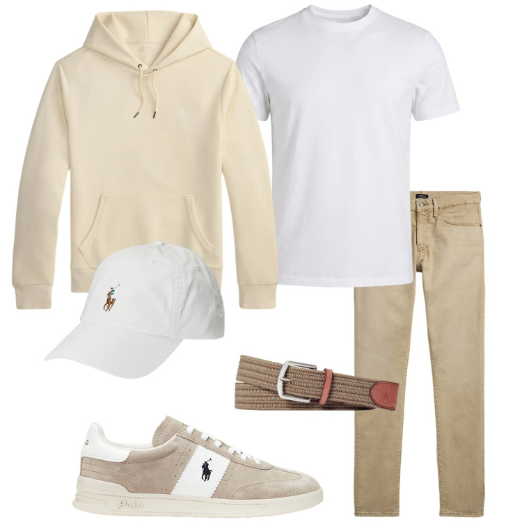 Outfit uomo - Sabbia. Stile Trendy per Tutti i giorni. Abbinamento con t-shirt, cinture, cappelli, sneakers, jeans, felpe con cappuccio.