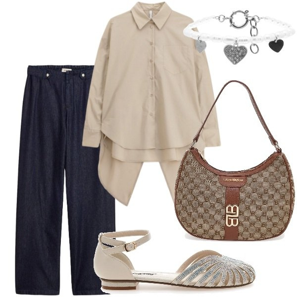 Outfit donna - A cena fuori. Stile Casual chic per Serata fuori. Abbinamento con jeans dritti, camicie, braccialetti, sandali, borse a spalla.