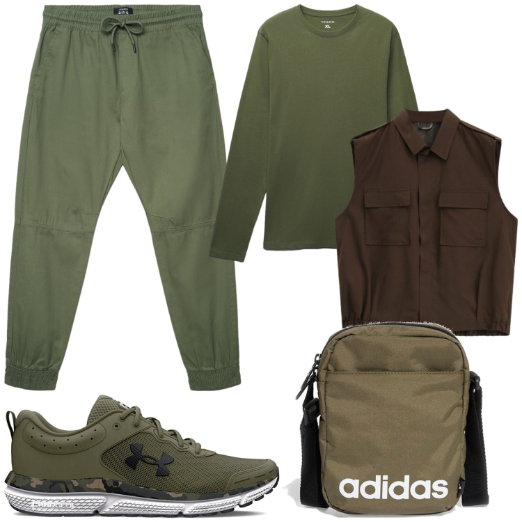 Outfit uomo - Total look #2464354. Stile Casual per Tutti i giorni. Abbinamento con gilet, t-shirt, pantaloni, scarpe sportive, borse sportive.