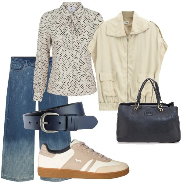 Outfit donna - Al lavoro. Stile Casual chic per Tutti i giorni. Abbinamento con cinture, sneakers, gilet, bluse, jeans, borse a mano.